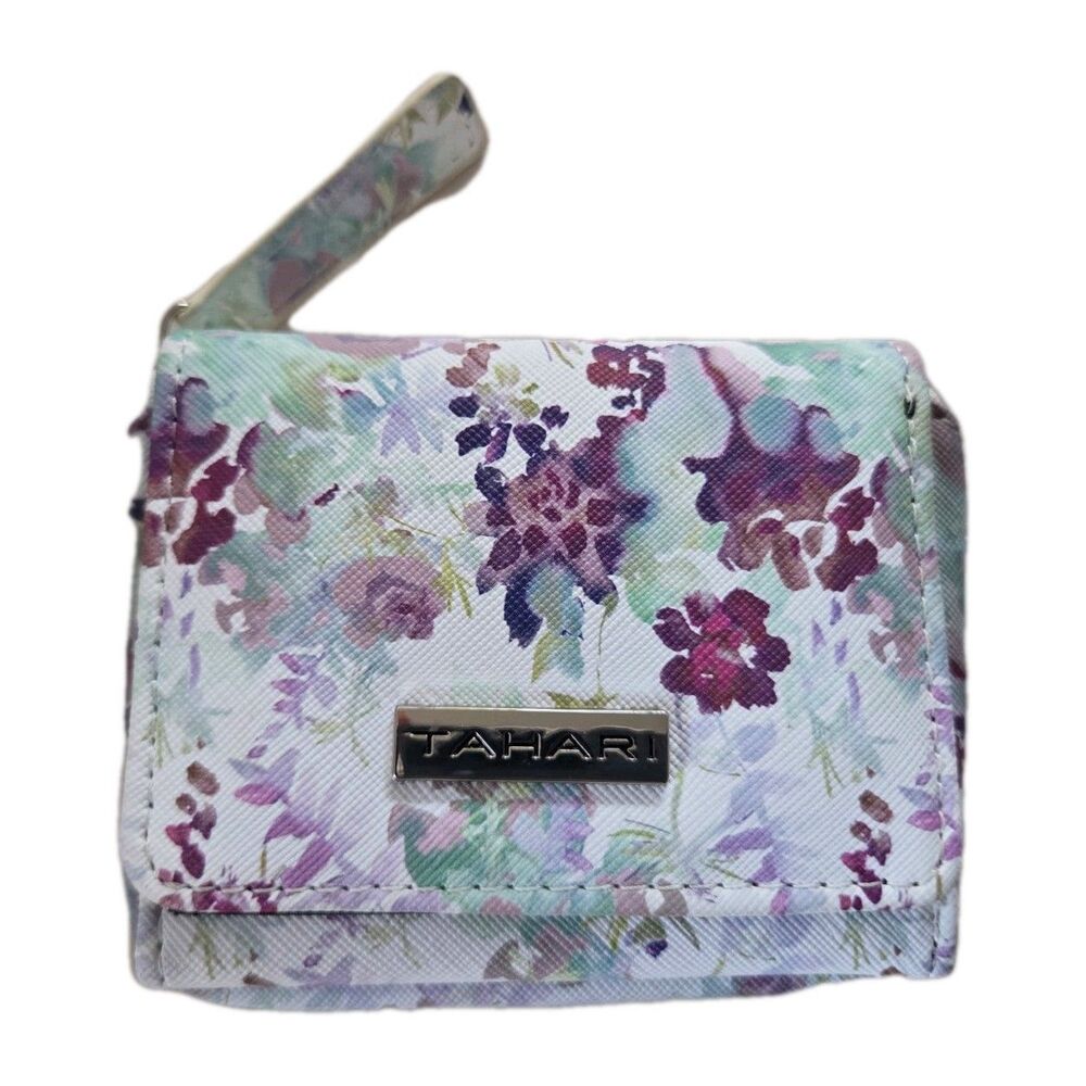 Tahari Wallet White Purple Style Flap‎ Multifunction Mini Mate 5" x 4"